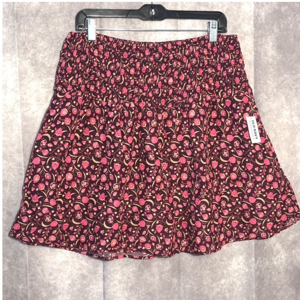 NEW Old Navy Smocked Waist Floral Mini Skirt Womens L Tall Burgundy Boho